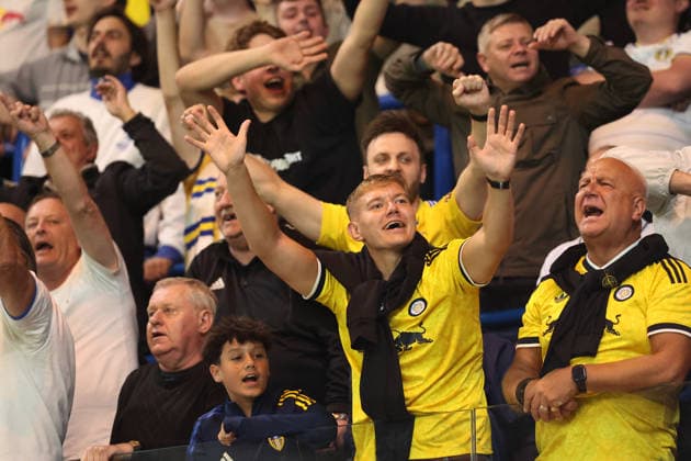 9th September 2026; Stamford Bridge, Chelsea, London, England: Carabao Cup Football, Chelsea versus Leeds United; Leeds United fans celebrate their team goal in the 24th minute for 0-1 KatiexChan