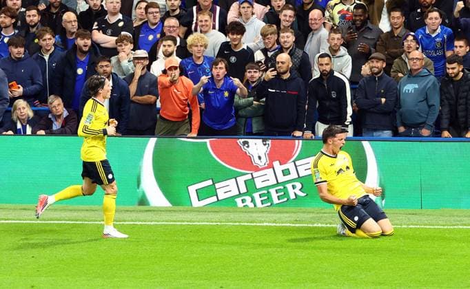 Tarik Muharemovic of Leeds United celebrates scoring a goal to make the score 0-1 Chelsea v Leeds United, EFL Carabao Cup, Third Round, Football, Stamford Bridge, London, UK - 09 Sep 2026London Stamford Bridge United Kingdom EDITORIAL USE ONLY No use with unauthorised audio, video, data, fixture lists, club league logos or live services. Online in-match use limited to 120 images, no video emulation. No use in betting, games or single club league player publications. Copyright: xKieranxMcManus Shutterstockx 17140215x