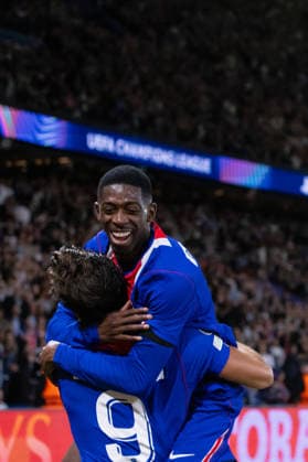 Ousmane Dembele of PSG and Ferran Torres of PSG during UEFA Champions league League phase game between teams PSG and SK Slovan Bratislava (Dominika Kortvelyesiova Ball Raw Images) Paris Parc des Princes France Copyright: xDominikaxKortvelyesiovax DKR_9244