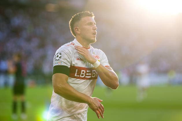 September 9, 2009: Ermedin Demirovic of Stuttgart celebrates after scoring the 1-0 goal during the UEFA Champions League soccer match between VfB Stuttgart and Viking on September 9, 2026 in Stuttgart. Photo by Marius Simensen, BILDBYRAN COP 238 MM0072 bbeng football soccer celebration Champions League UEFA Champions League VfB Stuttgart Viking  Copyright: MARIUSxSIMENSEN BB260909ZB010