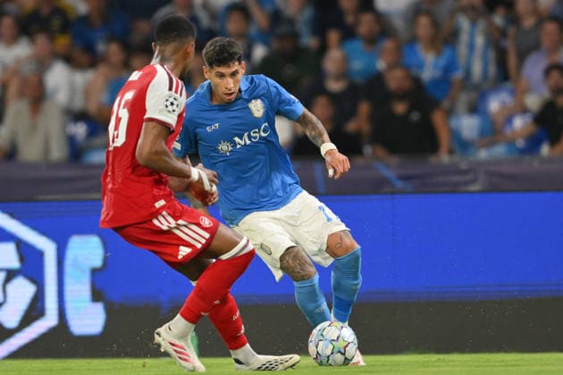 RECORD DATE NOT STATED 9th September 2026; Stadio Diego Armando Maradona, Naples, Italy; Champions League Football; Napoli versus Arsenal; Mathias Olivera of Napoli under pressure from Ezri Konsa of Arsenal AllShotLive