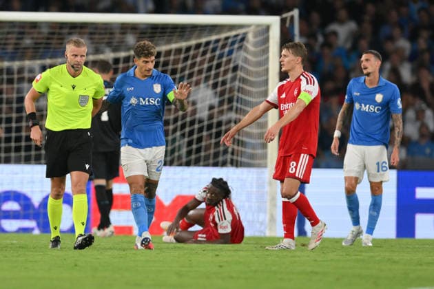 RECORD DATE NOT STATED 9th September 2026; Stadio Diego Armando Maradona, Naples, Italy; Champions League Football; Napoli versus Arsenal; referee Glenn Nyberg and Giovanni Di Lorenzo of Napoli AllShotLive