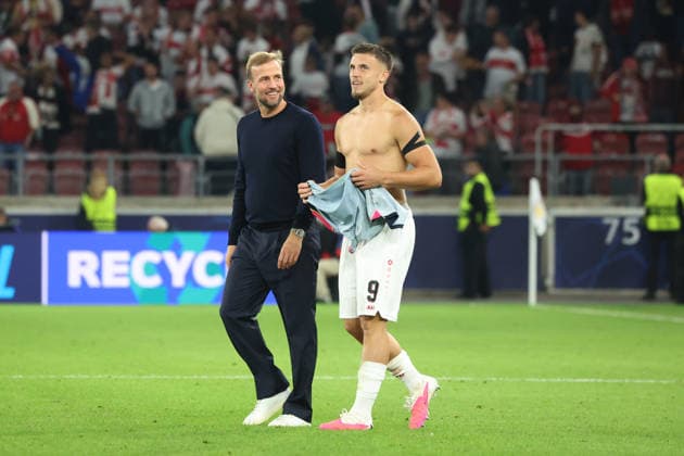 09 09 26 VfB Stuttgart vs. Viking Stavanger, Germany, Stuttgart, September 9, 2026, Soccer, UEFA Champions League, 2026–2027 season, VfB Stuttgart vs. Viking Stavanger: VfB coach Sebastian Hoeneß (left) and Ermedin Demirovic (right)