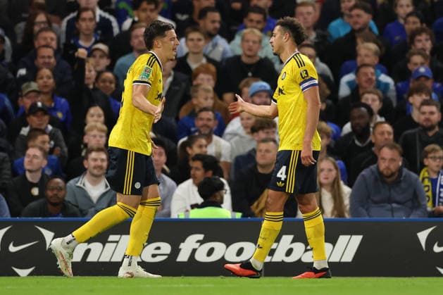 Chelsea v Leeds United, Carabao Cup Tarik Muharemovic celebrates with Ethan Ampadu of Leeds United after scoring the first goal during the Chelsea v Leeds United Carabao Cup 3rd Round match at Stamford Bridge, London, England on 9 September 2026 Credit: Tiego Grenho Every Second Media Editorial use only. All images are copyright Every Second Media Limited. No images may be reproduced without prior permission. All rights reserved. Premier League and Football League images are subject to licensing agreements with Football DataCo Limited. see https: www.football-dataco.com Copyright: xIMAGO EveryxSecondxMediax ESM-2145-0008 TiegoxGrenhox xEveryxSecondxMediax