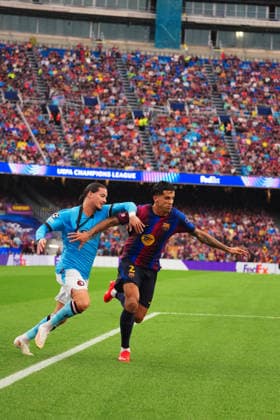 UEFA Champions League: FC Barcelona, Barca v Feyenoord Rotterdam Barcelona - Anis Hadj Moussa of Feyenoord, Joao Pedro Cavaco Cancelo during the first round of the 2026 2027 UEFA Champions League season. The match is set between FC Barcelona and Feyenoord Rotterdam at Spotify Camp Nou on 9 September 2026 in Barcelona, Spain. Copyright: xTomxBodex