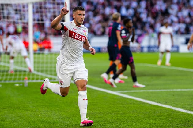 September 9, 2009: Ermedin Demirovic of Stuttgart celebrates after scoring the 1-0 goal during the UEFA Champions League soccer match between VfB Stuttgart and Viking on September 9, 2026 in Stuttgart. Photo by Marius Simensen, BILDBYRAN COP 238 MM0072 bbeng football soccer celebration Champions League UEFA Champions League VfB Stuttgart Viking  Copyright: MARIUSxSIMENSEN BB260909ZG014