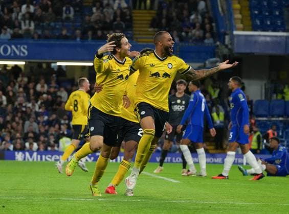 Brenden Aaronson of Leeds United celebrates scoring the second goal with Lukas Nmecha Chelsea v Leeds United, EFL Carabao Cup, Third Round, Football, Stamford Bridge, London, UK - 09 Sep 2026London Stamford Bridge United Kingdom EDITORIAL USE ONLY No use with unauthorised audio, video, data, fixture lists, club league logos or live services. Online in-match use limited to 120 images, no video emulation. No use in betting, games or single club league player publications. Copyright: xJedxLeicester Shutterstockx 17140216aa