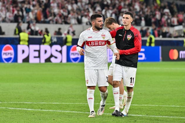 STUTTGART, GERMANY; 09. SEPTEMBER: talking together after the Champions League Match between VfB Stuttgart vs. Viking FK at Matchday 1 at MHP-Arena - Deniz UNDAV (VfB Stuttgart 26) and Bilal EL KHANNOUSS (VfB Stuttgart 11) Copyright: xBEAUTIFULxSPORTS Goldbergx