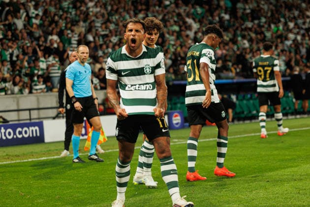 Rodrigo Zalazar celebrating After goal seen during UEFA champions League game between teams of Sporting CP and Galatasaray SK in Estadio Jose Alvalade (Luis Loureiro Ball Raw Images PT) Lisboa Estadio Jose Alvalade Portugal Copyright: xLuisxLoureirox luisloureirosportingGala-5436