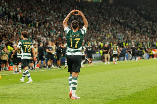 Rodrigo Zalazar celebrating After goal seen during UEFA champions League game between teams of Sporting CP and Galatasaray SK in Estadio Jose Alvalade (Luis Loureiro Ball Raw Images PT) Lisboa Estadio Jose Alvalade Portugal Copyright: xLuisxLoureirox luisloureirosportingGala-5530
