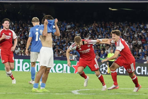 CL SSC Napoli cl SSC Napoli vs Arsenal Arsenal s Norwegian midfielder Martin Odegaard celebrates after scoring a goal of 0-1 during Champions League football match SSC Napoli vs Arsenal at the Diego Armando Maradona stadium in Napoli September 09, 2026. ABP12831 Copyright: xAntonioxBalascox