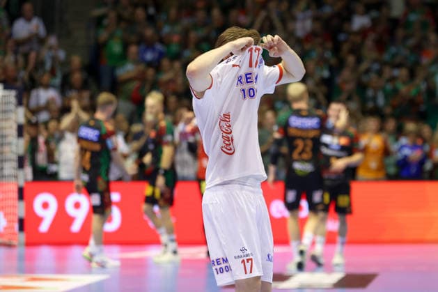 September 9, 2026, xtgx, Handball Champions League, SC Magdeburg vs. Kolstad Handbold Emspor, from left: Magnus Stolefjell (Kolstad), 17, looks disappointed, dejected, disappointed, Magdeburg, Magdeburg