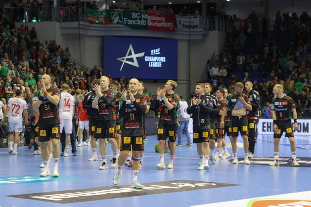 September 9, 2026, xtgx, Handball Champions League, SC Magdeburg vs. Kolstad Handbold emspor, from left: Magdeburg celebrates the victory, Magdeburg celebrates after the game