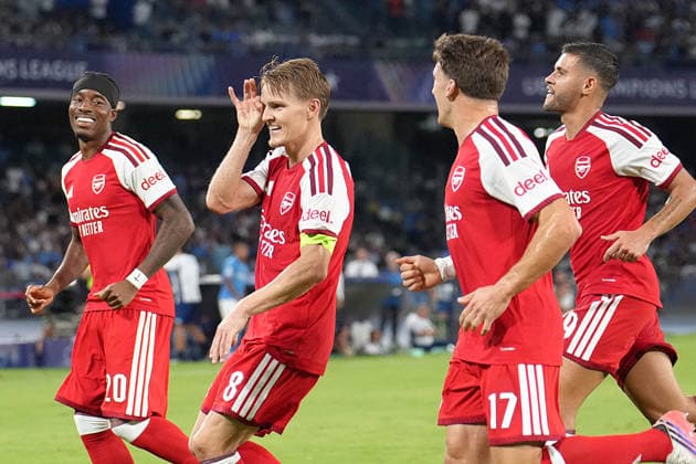Napoli , ITALY, September 9: Martin Odegaard of Arsenal celebrates during the Uefa Champions League 2026-27 , SSC Napoli vs Arsenal in Napoli Italy , Stadio D.A. Maradona. Copyright: xFOTOAGENZIAx