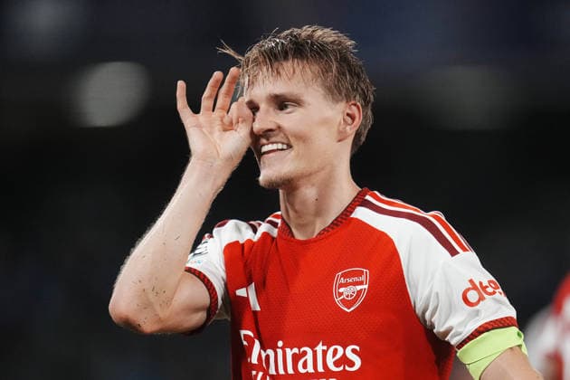 Napoli , ITALY, September 9: Martin Odegaard of Arsenal celebrates during the Uefa Champions League 2026-27 , SSC Napoli vs Arsenal in Napoli Italy , Stadio D.A. Maradona. Copyright: xFOTOAGENZIAx