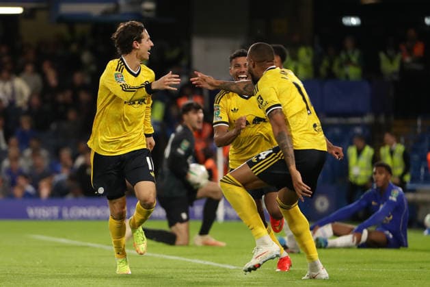 9th September 2026; Stamford Bridge, Chelsea, London, England: Carabao Cup Football, Chelsea versus Leeds United; Brenden Aaronson of Leeds United celebrates his goal in the 48th minute for 0-2 KatiexChan