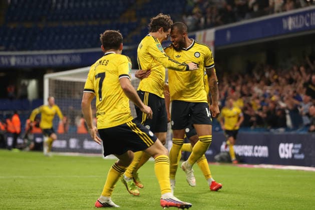 9th September 2026; Stamford Bridge, Chelsea, London, England: Carabao Cup Football, Chelsea versus Leeds United; Brenden Aaronson of Leeds United celebrates his goal in the 48th minute for 0-2 KatiexChan