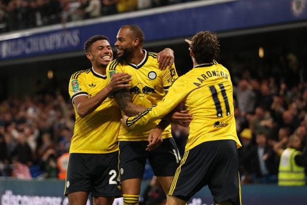 9th September 2026; Stamford Bridge, Chelsea, London, England: Carabao Cup Football, Chelsea versus Leeds United; Brenden Aaronson of Leeds United celebrates his goal in the 48th minute for 0-2 KatiexChan