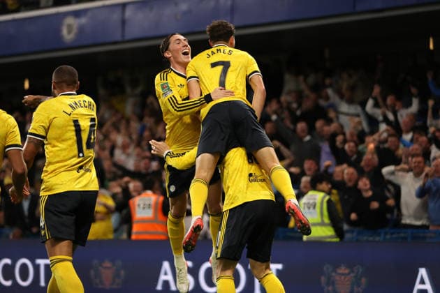 9th September 2026; Stamford Bridge, Chelsea, London, England: Carabao Cup Football, Chelsea versus Leeds United; Brenden Aaronson of Leeds United celebrates his goal in the 48th minute for 0-2 KatiexChan
