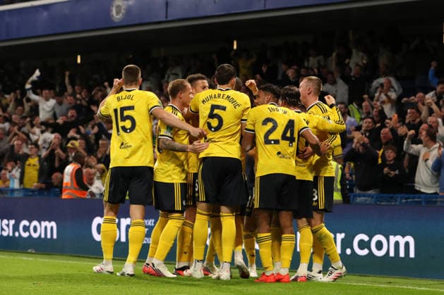 9th September 2026; Stamford Bridge, Chelsea, London, England: Carabao Cup Football, Chelsea versus Leeds United; Leeds United players celebrate their team goal by Brenden Aaronson in the 48th minute for 0-2 KatiexChan