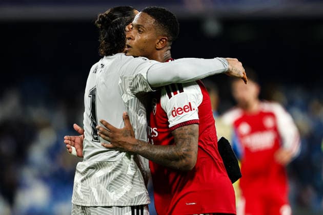 David Raya and Ezri Konsa of Arsenal celebrate at the end of the UEFA Champions League 2026 2027 football match between SSC Napoli and Arsenal FC at Diego Armando Maradona stadium in Naples, (Italy), September 9, 2026. cesarexpurini