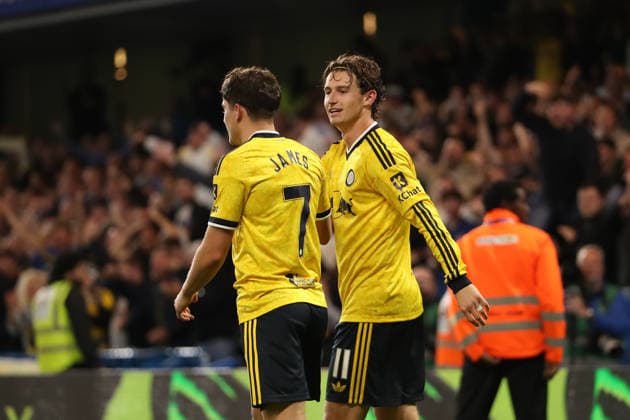 9th September 2026; Stamford Bridge, Chelsea, London, England: Carabao Cup Football, Chelsea versus Leeds United; Brenden Aaronson of Leeds United celebrates his goal in the 48th minute for 0-2 KatiexChan