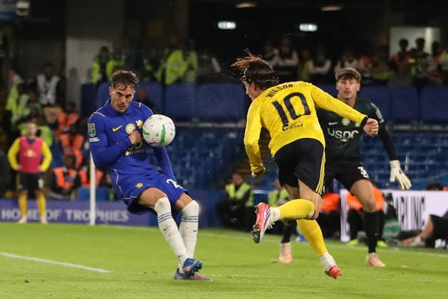 9th September 2026; Stamford Bridge, Chelsea, London, England: Carabao Cup Football, Chelsea versus Leeds United; Harry Wilson of Leeds United header across goal hits Pep Chavarria of Chelsea in the hand but the referee deem it is in a natural position KatiexChan