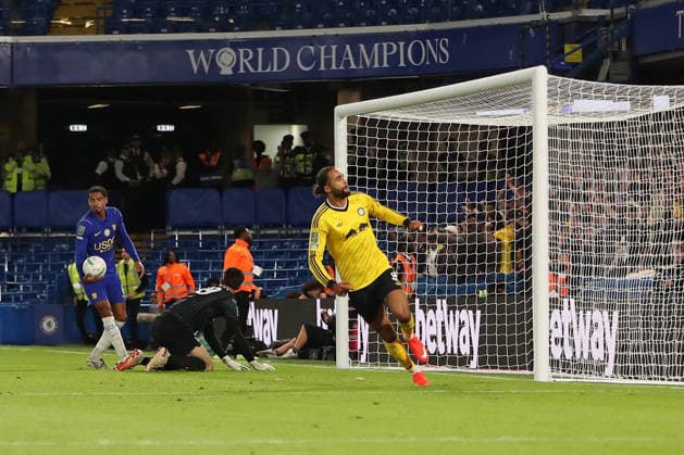 9th September 2026; Stamford Bridge, Chelsea, London, England: Carabao Cup Football, Chelsea versus Leeds United; Dominic Calvert-Lewin of Leeds United wheels away back to the centre after his goal in the 75th minute for 4-3 KatiexChan