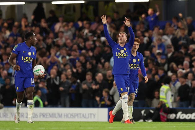 9th September 2026; Stamford Bridge, Chelsea, London, England: Carabao Cup Football, Chelsea versus Leeds United; Cole Palmer of Chelsea celebrates his goal in the 55th minute for 2-2 KatiexChan