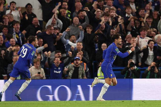 9th September 2026; Stamford Bridge, Chelsea, London, England: Carabao Cup Football, Chelsea versus Leeds United; Pedro Neto of Chelsea celebrates his goal in the 60the minute for 3-2 KatiexChan