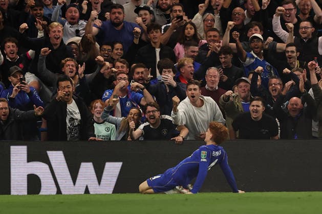 9th September 2026; Stamford Bridge, Chelsea, London, England: Carabao Cup Football, Chelsea versus Leeds United; Valentin Barco of Chelsea celebrates his goal in the 80th minute for 5-3 KatiexChan