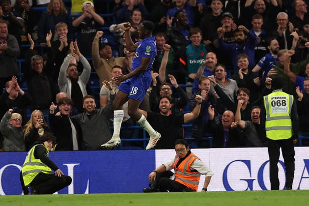 9th September 2026; Stamford Bridge, Chelsea, London, England: Carabao Cup Football, Chelsea versus Leeds United; Danny Welbeck of Chelsea celebrates his goal in the 90th+4 minute for 6-3 KatiexChan
