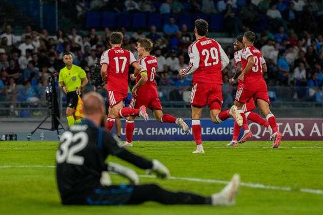 SSC Napoli v Arsenal FC - UEFA Champions League 2026 27 League Phase MD1 Martin Odegaard of Arsenal FC celebrates with team mates after scoring during the UEFA Champions League match between SSC Napoli and Arsenal FC at Diego Armando Maradona Stadium Naples Italy on 9 September 2026. Naples Campania Italy  Copyright: xFrancoxRomanox originalFilename:romano-sscnapol260909_npQ18.jpg