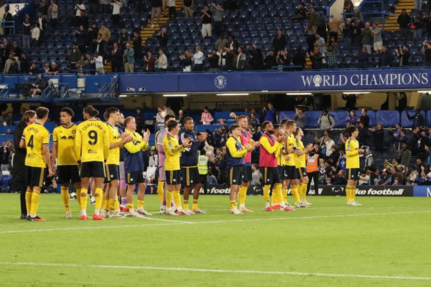 9th September 2026; Stamford Bridge, Chelsea, London, England: Carabao Cup Football, Chelsea versus Leeds United; Leeds United players thanking their travelling supporters after the match KatiexChan