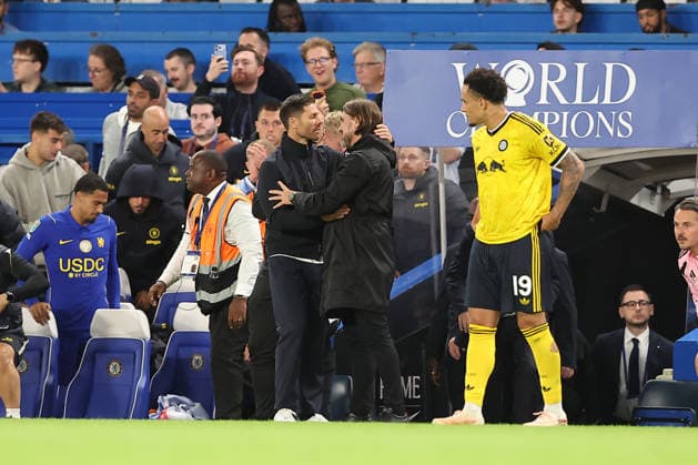 9th September 2026; Stamford Bridge, Chelsea, London, England: Carabao Cup Football, Chelsea versus Leeds United; Post match handshakes between Chelsea manager Xabi Alonso and Leeds United manager Daniel Farke KatiexChan