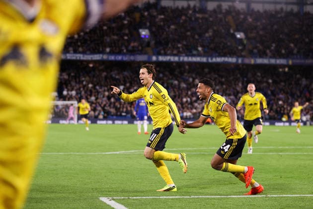 Chelsea gegen Leeds United, 9. September 2026, London, Carabao Cup, dritte Runde: Chelsea gegen Leeds United. Brendan Aaronson von Leeds United feiert das zweite Tor. Foto: Jacques Feeney. Abseits. London, Großbritannien  Copyright: xJacquesxFeeneyx xOffsidexOffside