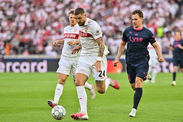 STUTTGART, GERMANY; 09. SEPTEMBER: tackle between Jeff CHABOT (VfB Stuttgart 24) and Peter CHRISTIANSEN (Viking FK 20) during the Champions League Match between VfB Stuttgart vs. Viking FK at Matchday 1 at MHP-Arena Copyright: xBEAUTIFULxSPORTS Goldbergx