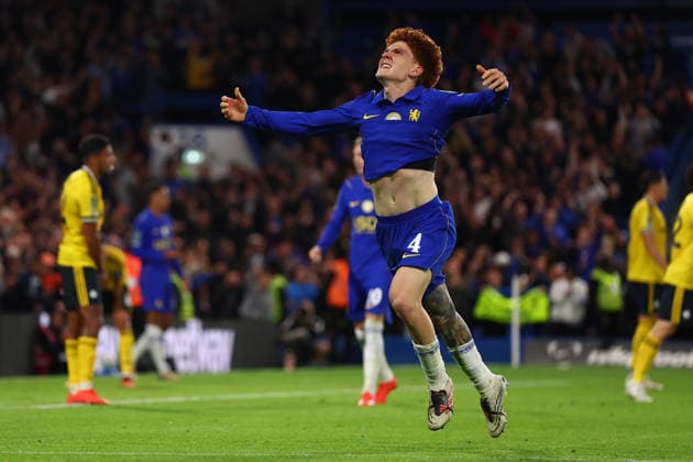 London, England, 9th September 2026. Valentin Barco of Chelsea celebrates after scoring to make it 5-3 during the Chelsea vs Leeds United Carabao Cup match at Stamford Bridge, London. Picture credit should read: Paul Terry Sportimage EDITORIAL USE ONLY. No use with unauthorised audio, video, data, fixture lists, club league logos or live services. Online in-match use limited to 120 images, no video emulation. No use in betting, games or single club league player publications. SPI_074_PT_Chelsea_Leeds SPI-4983-0074