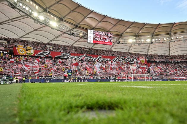 STUTTGART, GERMANY; 09. SEPTEMBER: fans from Stuttgart with a choreo - Celebrating the Birthday of VfB before the Champions League Match between VfB Stuttgart vs. Viking FK at Matchday 1 at MHP-Arena Copyright: xBEAUTIFULxSPORTS Goldbergx