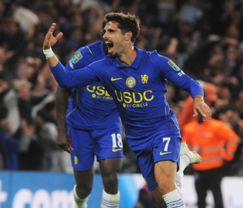 Football - 2026 2027 Carabao EFL (League) Cup - Third Round: Chelsea vs. Leeds United - Stamford Bridge - Wednesday 9th September 2026 Pedro Neto of Chelsea celebrates scoring goal no 3 