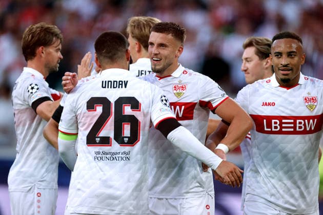 DEMIROVIC Ermedin and the VfB Stuttgart team celebrate with UNDAV Deniz after his 3-goal performance in the 2026–2027 UEFA Champions League match between VfB Stuttgart and Viking FK on September 9, 2026, in Stuttgart. DFL regulations prohibit any use of PHas IMAGE SEQUENCES and or QUASI-VIDEO Copyright: xLacixPerenyix