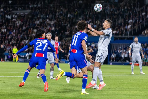 Dro Fernandez of PSG, Maghnes Akliouche of PSG and Svetozar Markovic of SK Slovan Bratislava during UEFA Champions league League phase game between teams PSG and SK Slovan Bratislava (Dominika Kortvelyesiova Ball Raw Images) Paris Parc des Princes France Copyright: xDominikaxKortvelyesiovax DKR_8952