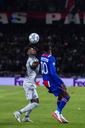 Suleiman Camara of SK Slovan Bratislava and Ousmane Dembele of PSG during UEFA Champions league League phase game between teams PSG and SK Slovan Bratislava (Dominika Kortvelyesiova Ball Raw Images) Paris Parc des Princes France Copyright: xDominikaxKortvelyesiovax DKR_9338