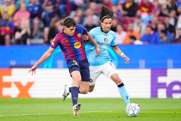FC Barcelona, Barca v Feyenoord - UEFA Champions League 2026 27 League Phase MD1 Gjivai Zechiel central midfield of Feyenoord and Netherlands and Pau Cubarsi centre-back of Barcelona and Spain compete for the ball during the UEFA Champions League 2026 27 League Phase MD1 match between FC Barcelona and Feyenoord at Camp Nou on September 9, 2026 in Barcelona, Spain. Barcelona Spain  Copyright: xJosexBretonx originalFilename:bretonhernandez-fcbarcel260909_npxBJ.jpg