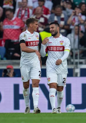Deniz Undav and Grischa Proemel of VfB Stuttgart celebrate the goal during UEFA Champions League - Matchday 1 season 26 27 game between Stuttgart and Viking (Ruslan Taran Ball Raw Images) Stuttgart MHP Arena Germany Copyright: xRuslanxTaranx RUS_STUTT-VIKING-0170