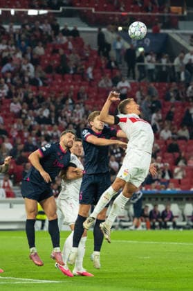 Henrik Heggheim of Viking FK in aerial duel during UEFA Champions League - Matchday 1 season 26 27 game between Stuttgart and Viking (Ruslan Taran Ball Raw Images) Stuttgart MHP Arena Germany Copyright: xRuslanxTaranx RUS_STUTT-VIKING-0451