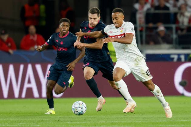 From left to right: Kristoffer Haugen (Viking) and Jamie Leweling (VfB Stuttgart), in action during the UEFA Champions League match between VfB Stuttgart and Viking FK at the MHP Arena, Stuttgart, Germany, on September 9, 2026, in action during the UEFA Champions League match between VfB Stuttgart and Viking FK at the MHP Arena, Stuttgart, Germany, on September 9, 2026 Copyright: HMBxMedia xHeikoxBecker