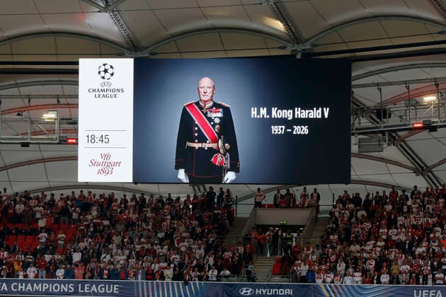 From left to right: The stadium scoreboard displays a portrait of King Harald V of Norway (1937–2026), who passed away on August 28, 2026, prior to the Champions League match between VfB Stuttgart and Viking FK at the MHP Arena, Stuttgart, Germany, on September 9, 2026, in action during the UEFA Champions League match between VfB Stuttgart and Viking FK at the MHP Arena, Stuttgart, Germany, on September 9, 2026 Copyright: HMBxMedia xHeikoxBecker