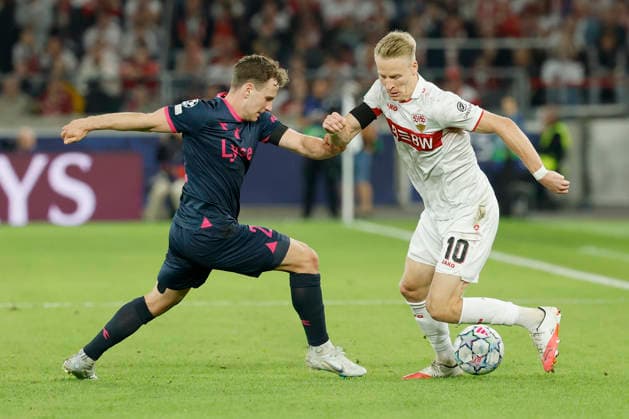 From left to right: Peter Christiansen (Viking) and Chris Führich (VfB Stuttgart), in action during the UEFA Champions League match between VfB Stuttgart and Viking FK at the MHP Arena, Stuttgart, Germany, on September 9, 2026, in action during the UEFA Champions League match between VfB Stuttgart and Viking FK at the MHP Arena, Stuttgart, Germany, on September 9, 2026 Copyright: HMBxMedia xHeikoxBecker
