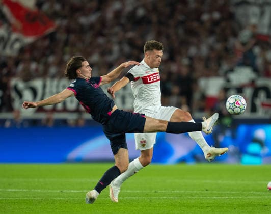 Simen Kvia-Egeskog of Viking FK fights for the ball with Dzenan Pejcinovic of VfB Stuttgart during UEFA Champions League - Matchday 1 season 26 27 game between Stuttgart and Viking (Ruslan Taran Ball Raw Images) Stuttgart MHP Arena Germany Copyright: xRuslanxTaranx RUS_STUTT-VIKING-0346